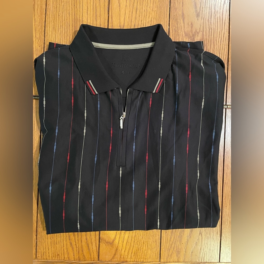 EUC Montechiaro Short Sleeve Zip Polo Shirt,size XL,black, blue/red striped